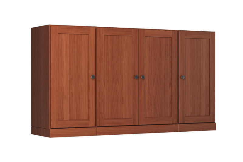 Brown solid wood sideboard with four paneled doors and round metal knobs, full view