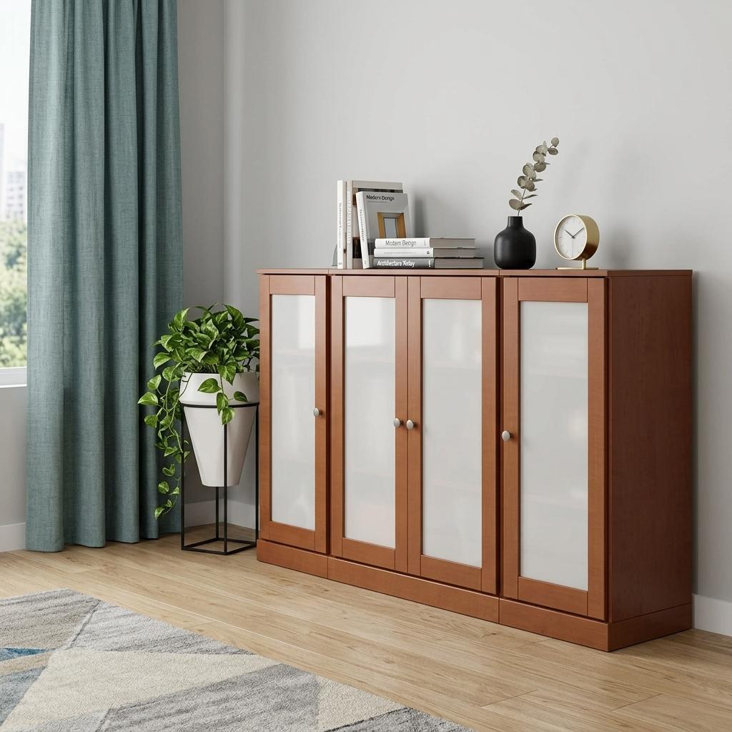 Solid wood sideboard with four glass doors, warm brown cabinet with wood legs