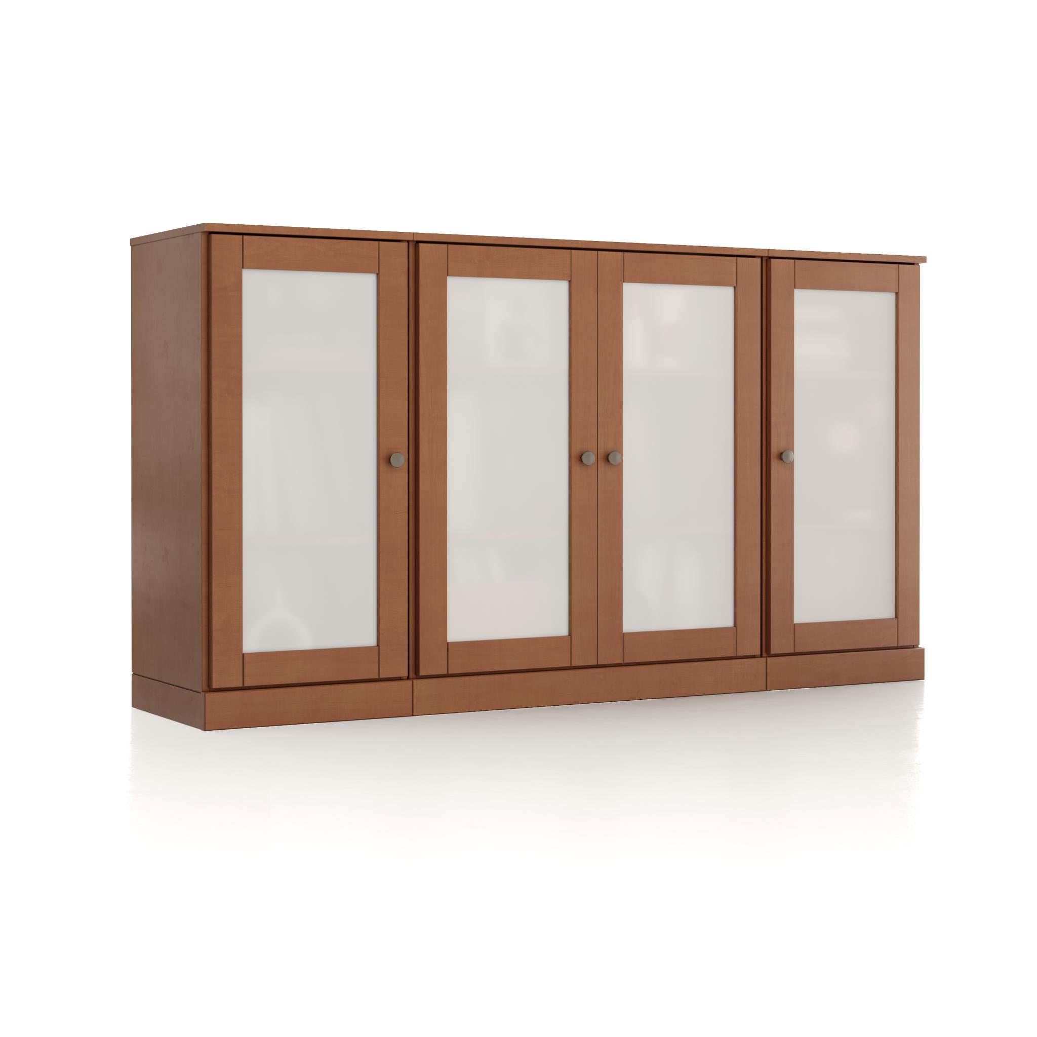Solid wood sideboard with four frosted glass doors, warm brown cabinet front