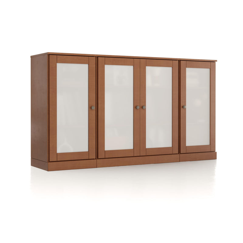 Solid wood sideboard with four frosted glass doors, warm brown cabinet front