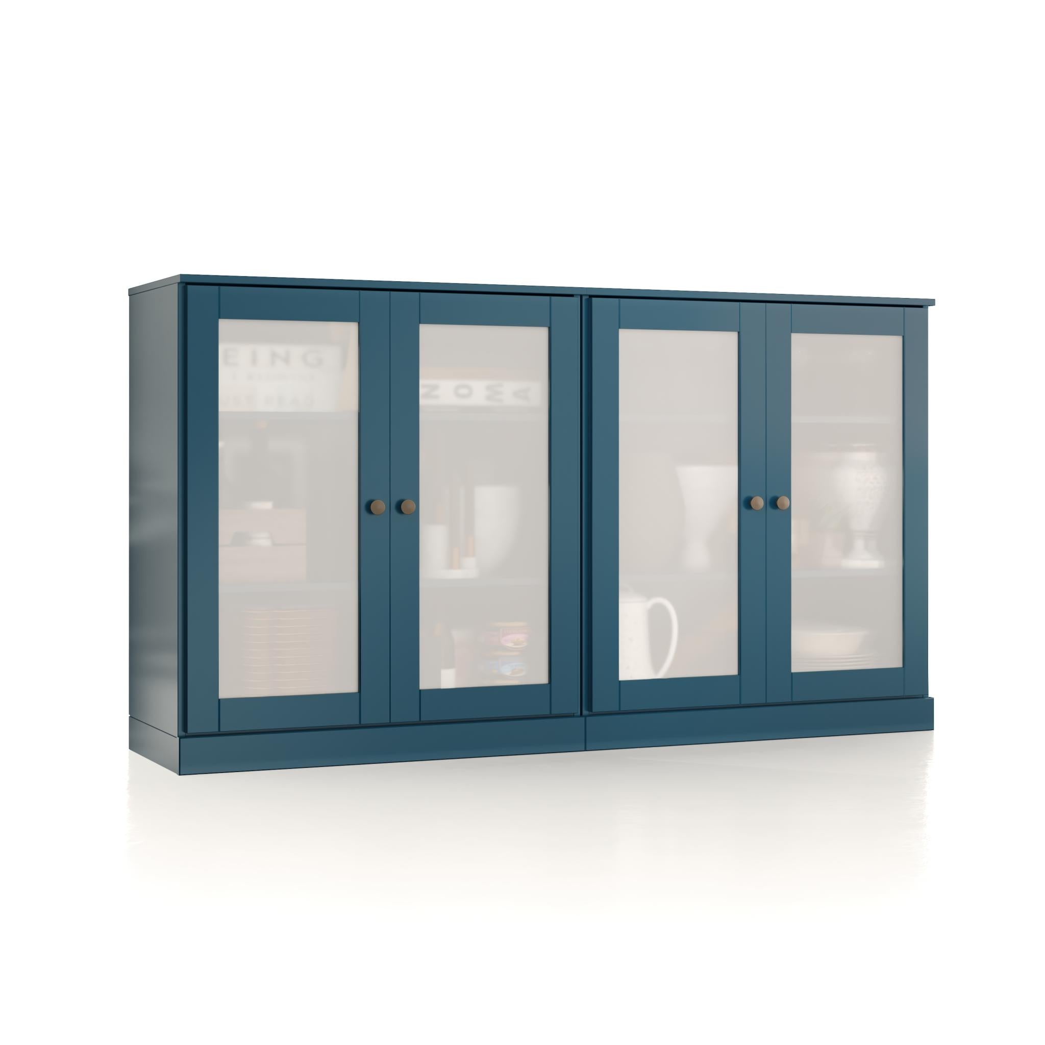Teal blue wood sideboard with four glass doors and gold-tone knobs