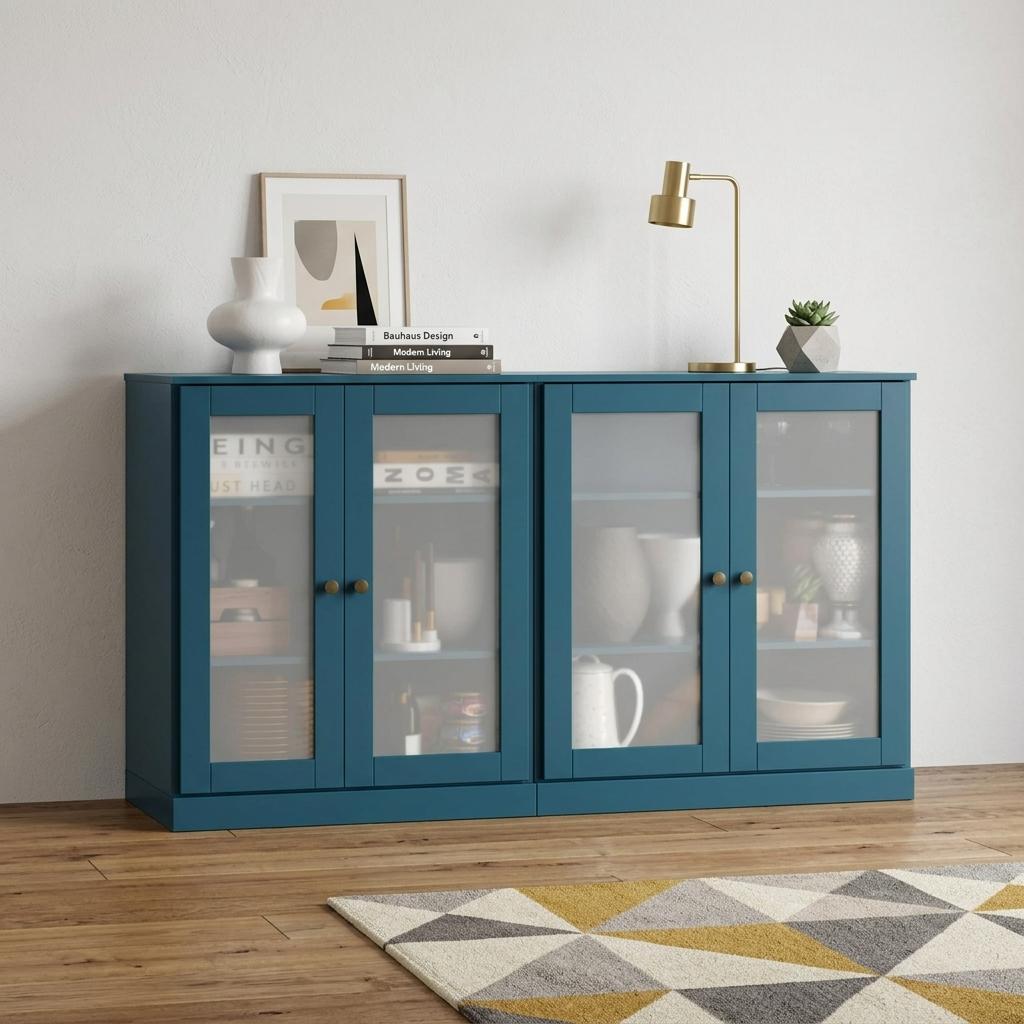 Teal blue wood sideboard, four glass doors with brass-tone knobs, wide front