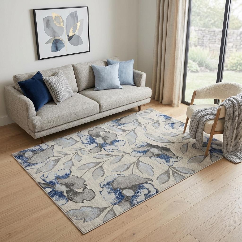 5' X 8' Ivory Blue And Gray Floral Vines Area Rug - Home Decor