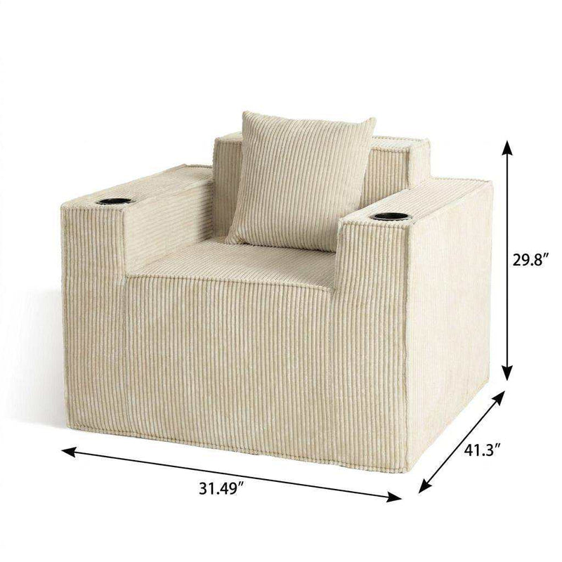 31" Beige Corduroy Arm Chair And Toss Pillow - Living Room