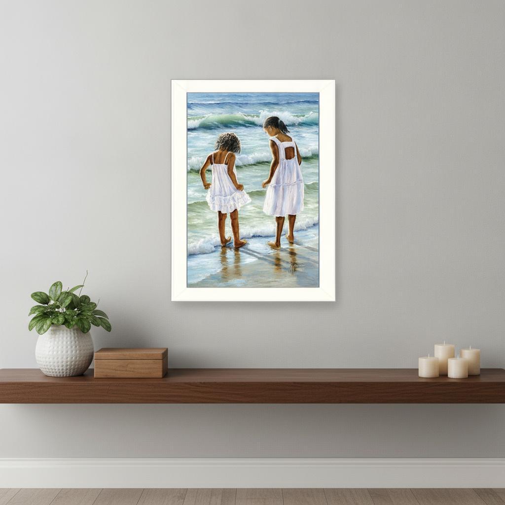 Two Girls at the Beach 1 White Framed Print Wall Art - Home Decor