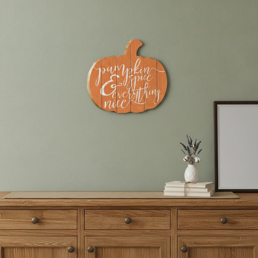 Orange and White Pumpkin Spice and Everything Nice Pumpkin Shaped Wall Art - Home Decor