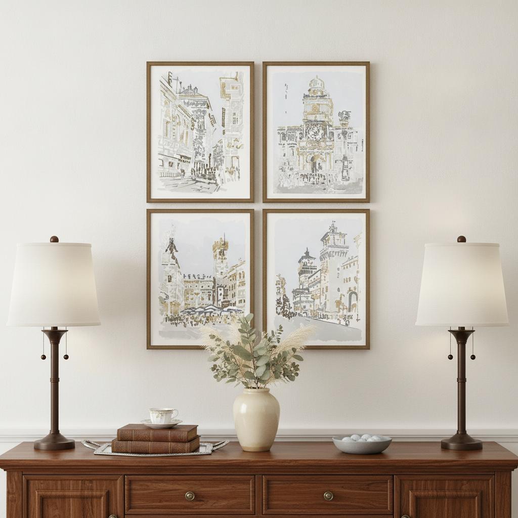 Set Of Four Street Scenes Gold Framed Print Wall Art - Home Decor