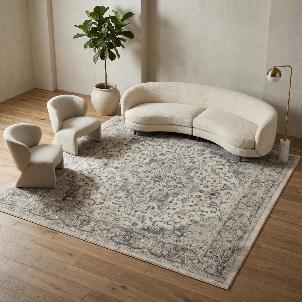 10' Gray and Ivory Square Medallion Power Loom Distressed Area Rug - Home & Garden