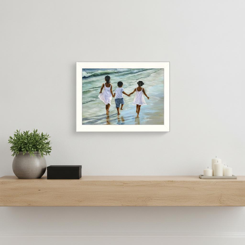 Running on the Beach 1 White Framed Print Wall Art - Home Decor