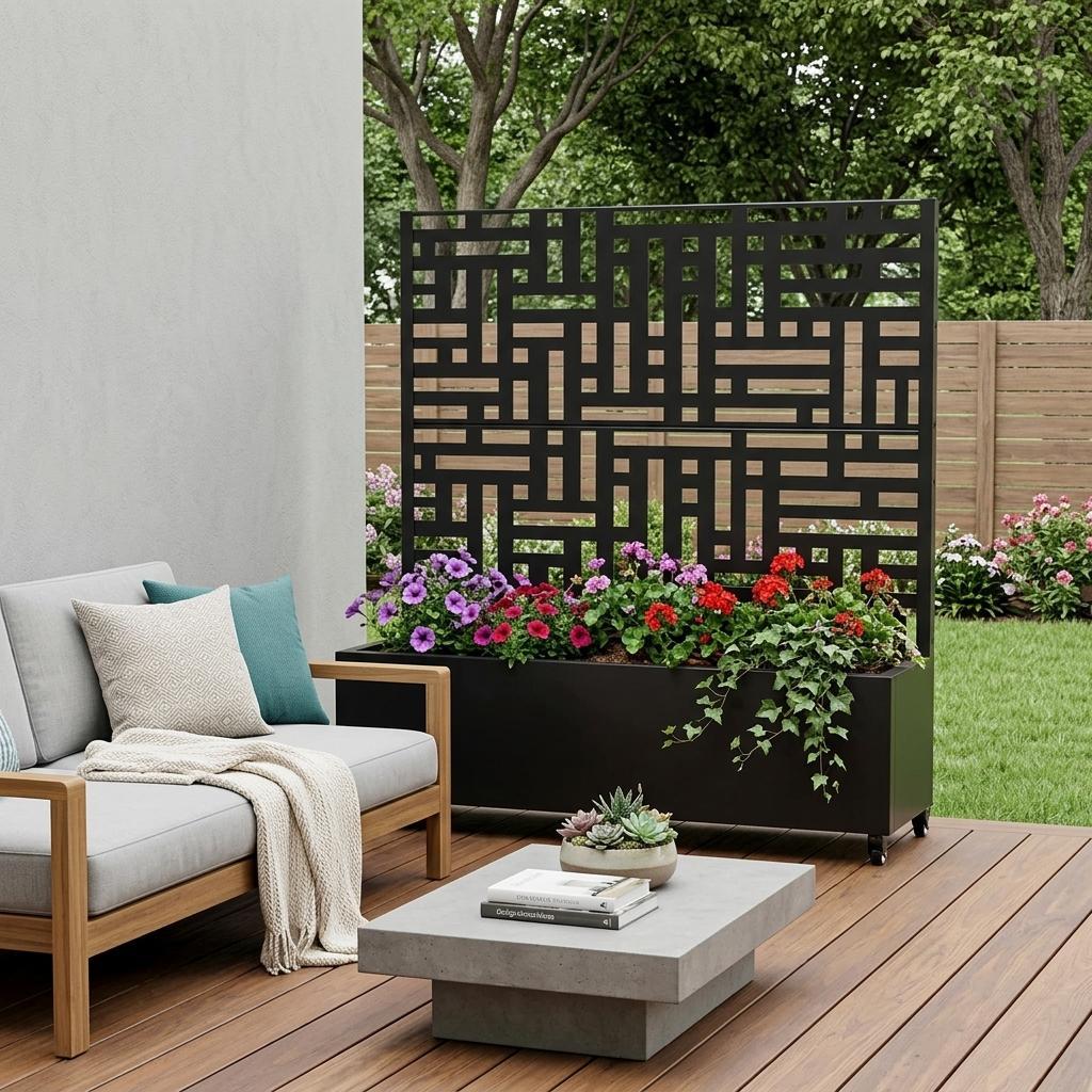 Black geometric metal rectangular planter box with open lattice front and planter bed