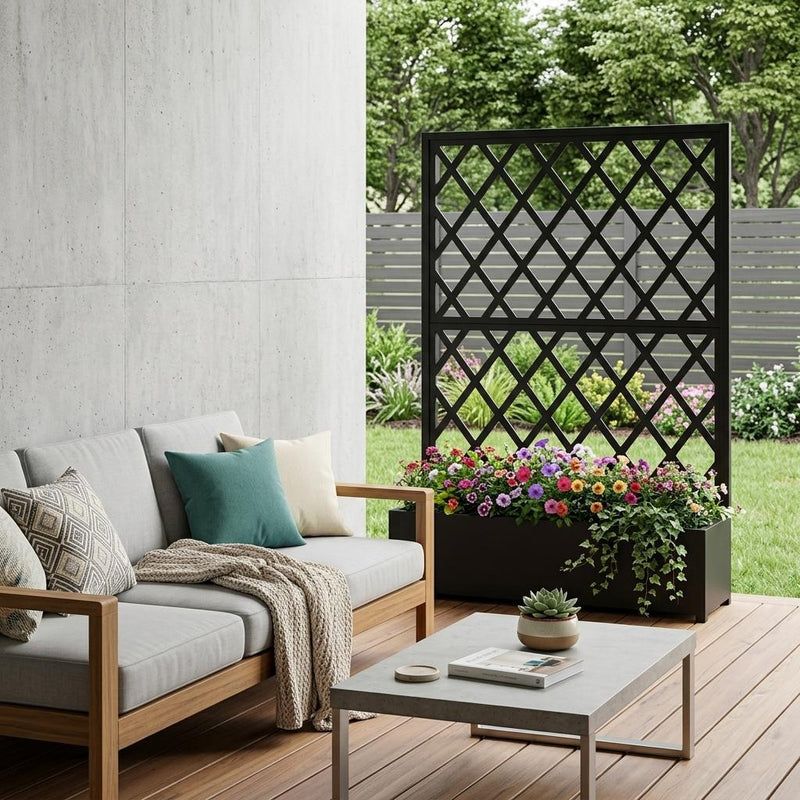Black arched metal planter box with diamond lattice screen