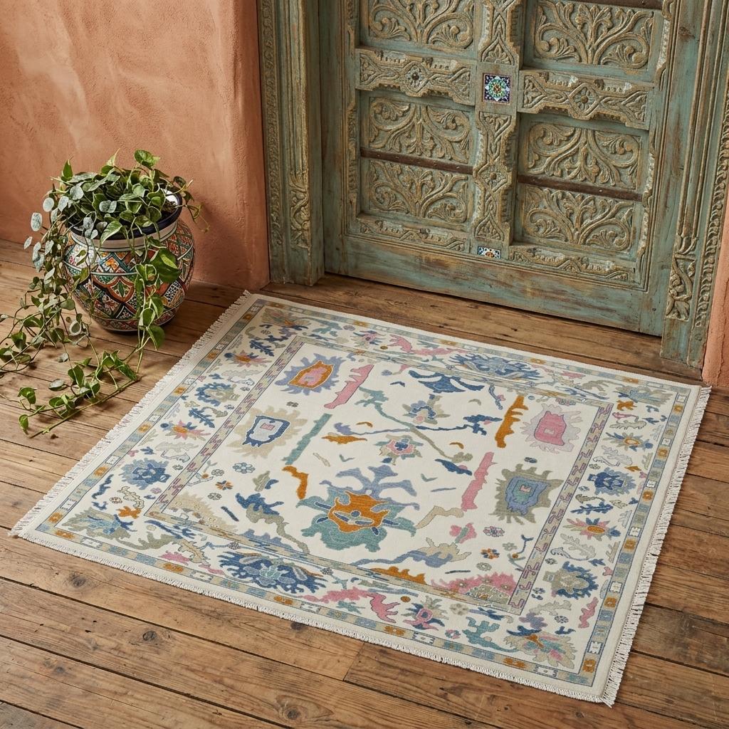 2' X 3' Blue Ivory and Pink Wool Floral Hand Knotted Area Rug With Fringe - Home & Garden
