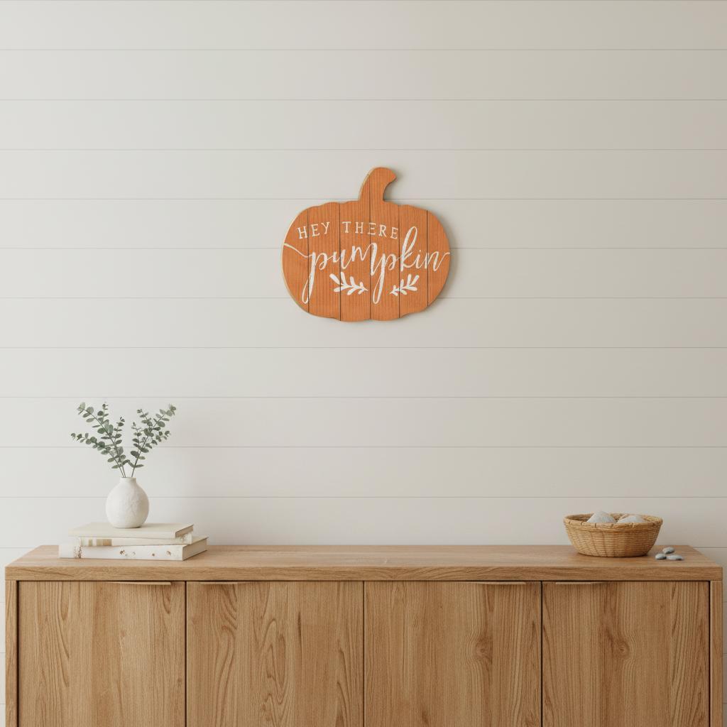 Orange and White Hey There Pumpkin Shaped Wall Art - Home Decor