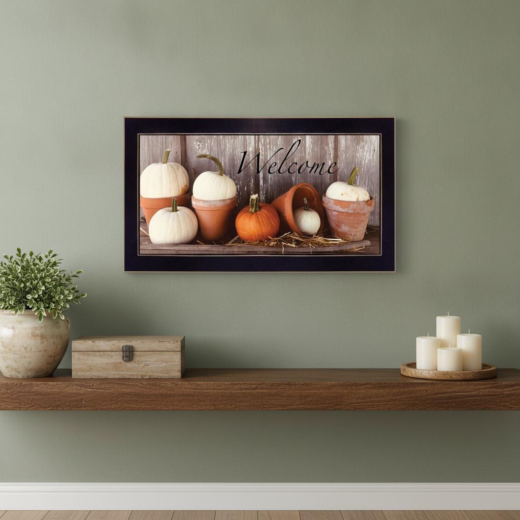 Pumpkins Welcome Sign Black Framed Print Wall Art - Home Decor