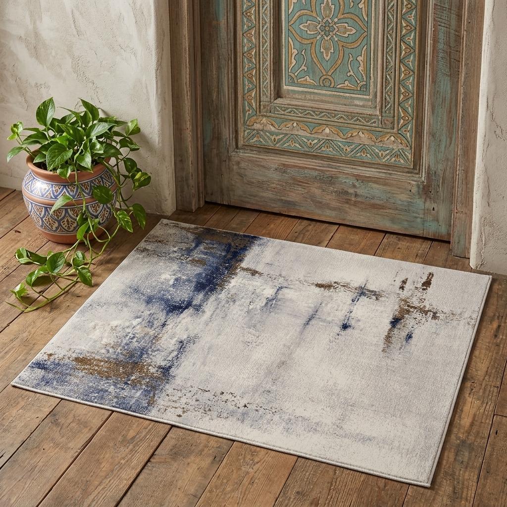 2' X 3' Ivory Blue and Brown Abstract Power Loom Area Rug - Home & Garden