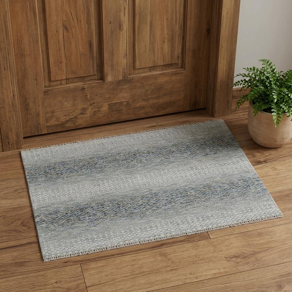 2' X 3' Ivory Blue and Brown Wool Hand Knotted Area Rug With Fringe - Home & Garden