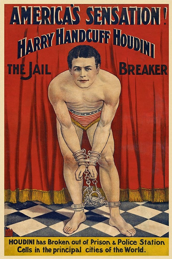 36" X 54" Houdini In Handcuffs Vintage Magic Poster Wall Art - Home & Garden