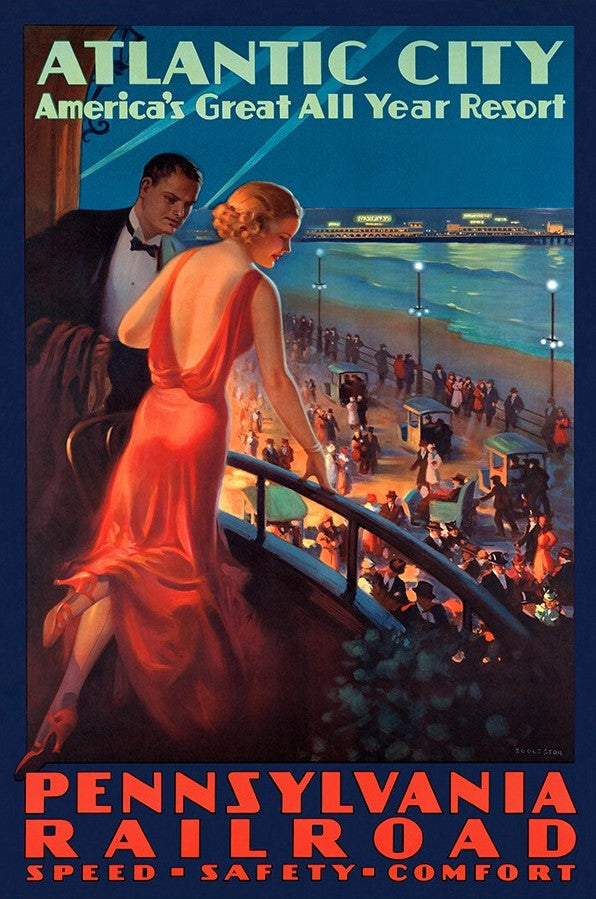 Vintage 1935 Atlantic City Travel Unframed Print Wall Art - Home Decor