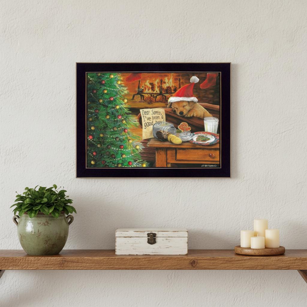 Christmas Eve Puppy Black Framed Print Wall Art - Home Decor
