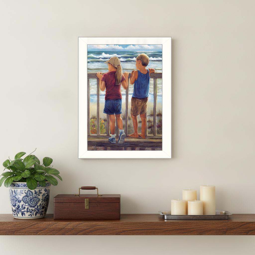Looking Over the Rail White Framed Print Wall Art - Home Decor