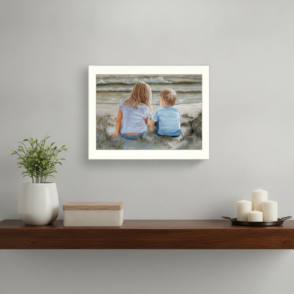 Boy and Girl Sitting White Framed Print Wall Art - Home Decor