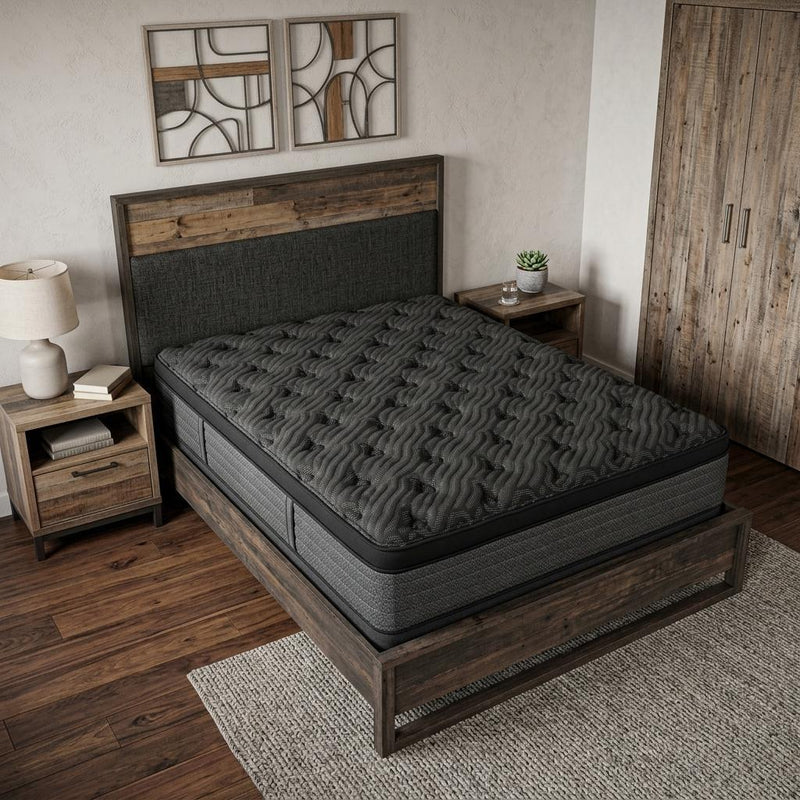 King size hybrid mattress with dark plush euro top on wooden bed frame