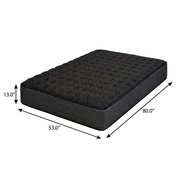 Firm hybrid mattress, dark quilted top; 13 in thick, 53 x 80 in