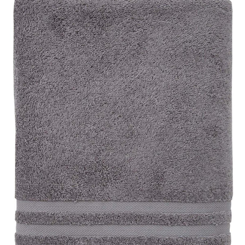 Dark gray bath towel with plush looped texture and striped border band