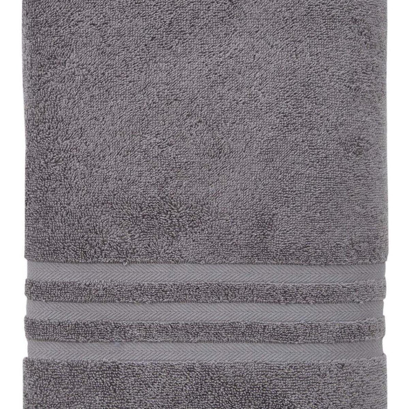 Dark gray bath towel with plush looped Turkish cotton texture and stitched hem