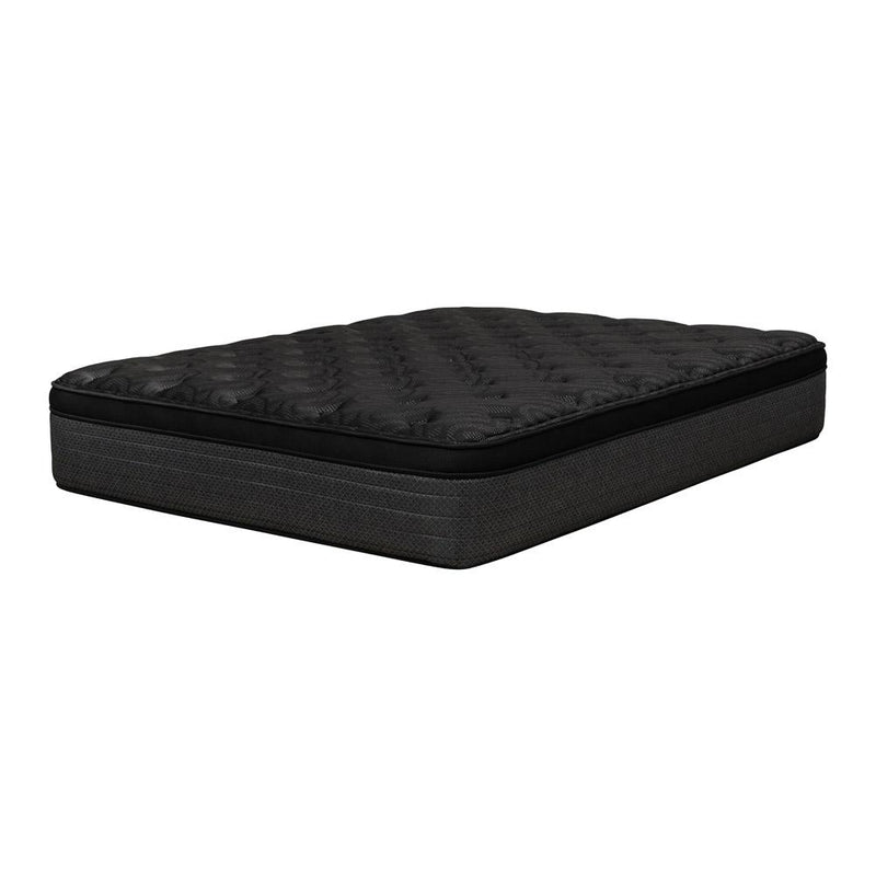 Black euro top hybrid mattress with quilted top and padded border around the edges.