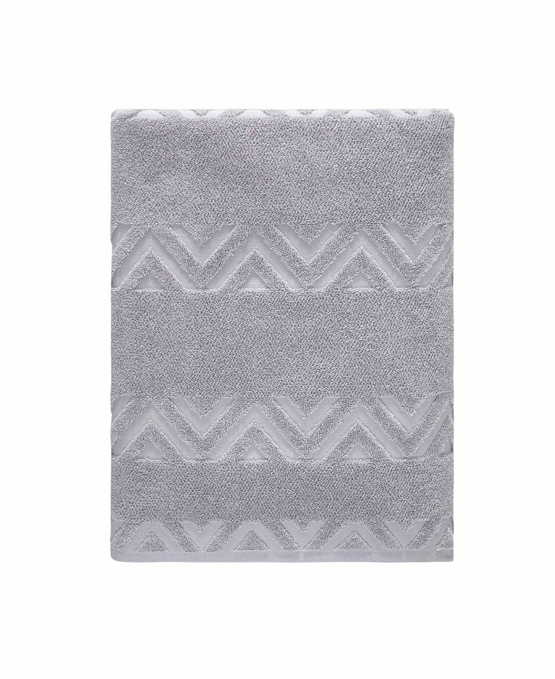 Light gray bath sheet towel folded, jacquard chevron zigzag border