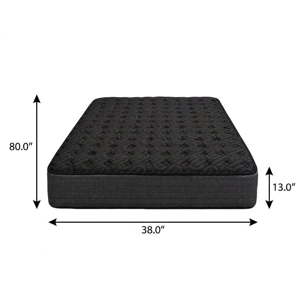 Black quilted mattress, 80"x38"x13", with a soft fabric cover and durable foam core for optimal comfort and support.