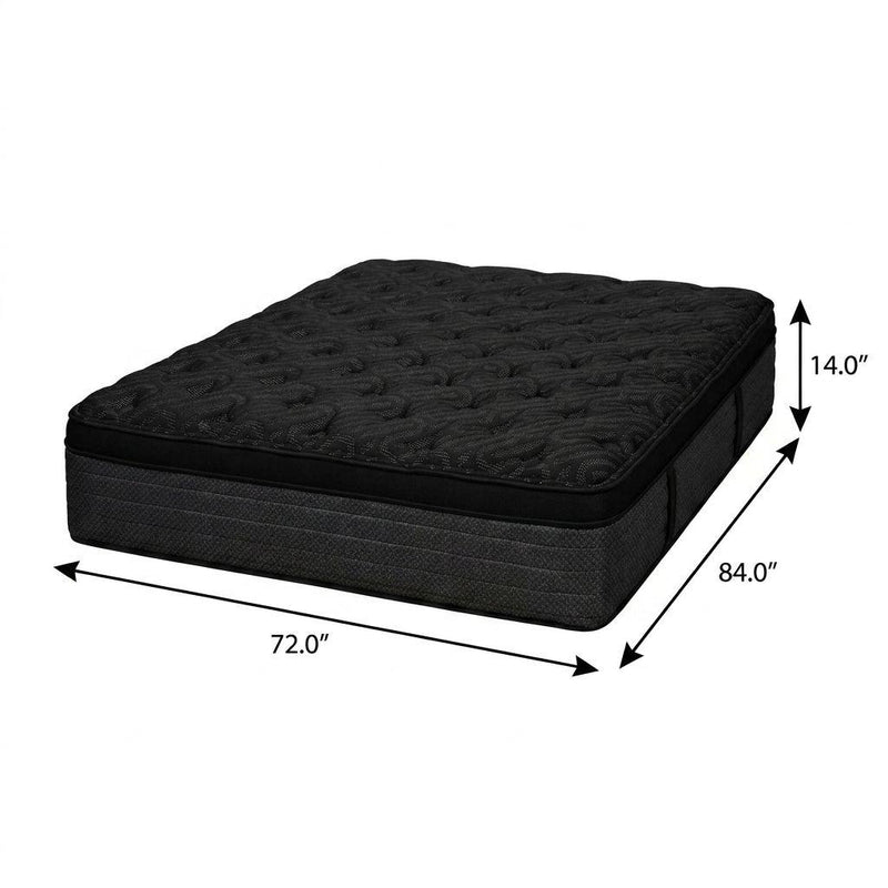 Black hybrid mattress, 14" height and 72"x84" size; plush Euro top