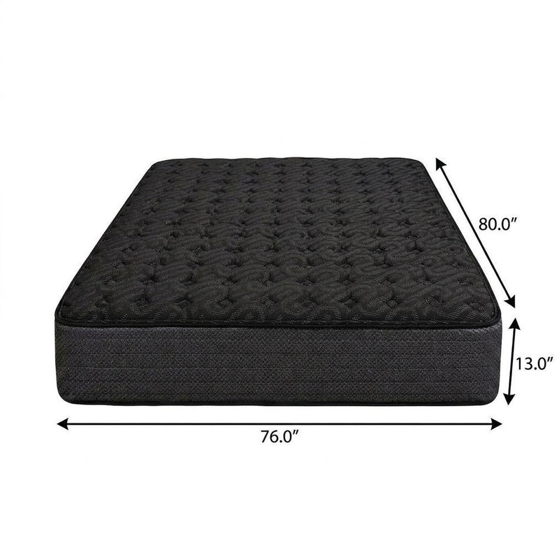 Dark charcoal firm hybrid mattress with 80 in x 76 in x 13 in dimensions