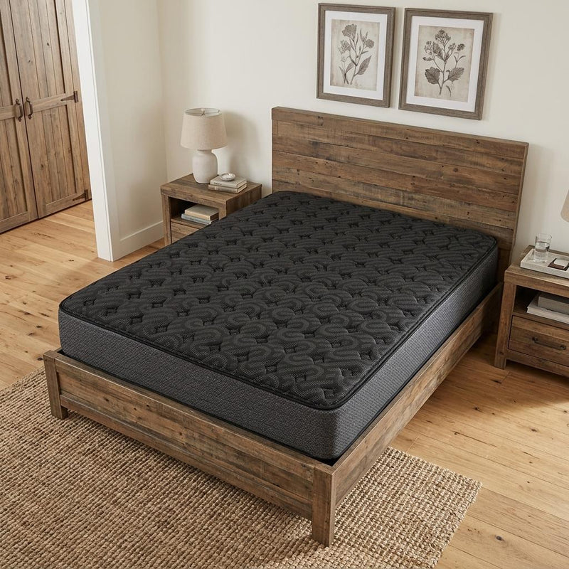 Dark charcoal firm hybrid mattress on wooden bed frame, quilted top visible