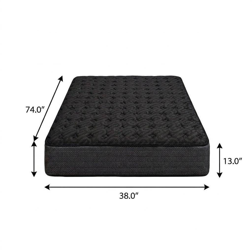 Black twin mattress measuring 74"x38"x13", featuring a plush quilted top for comfort and support.