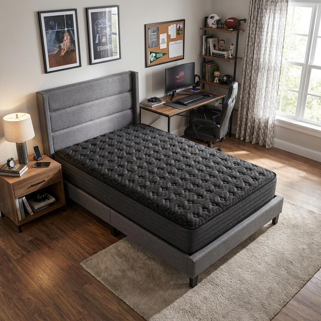 Gray tufted mattress on a sleek platform bed in a modern bedroom with wooden flooring and soft lighting.