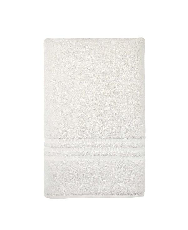 Beige Turkish cotton bath sheet towel with stitched border, folded, looped texture