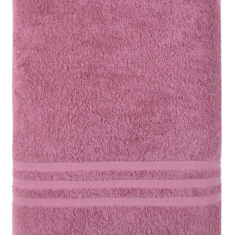 Pink Turkish cotton bath sheet detail: plush terry loop pile and stitched striped band