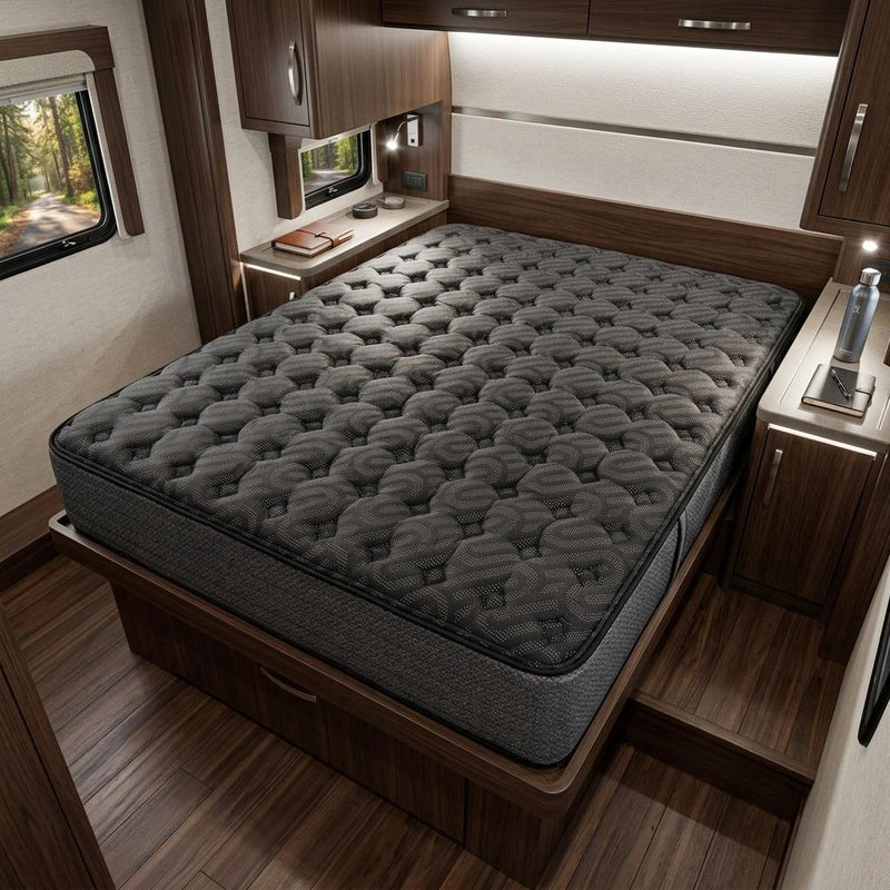 Black hybrid mattress on bed frame, quilted top with dark mattress sides