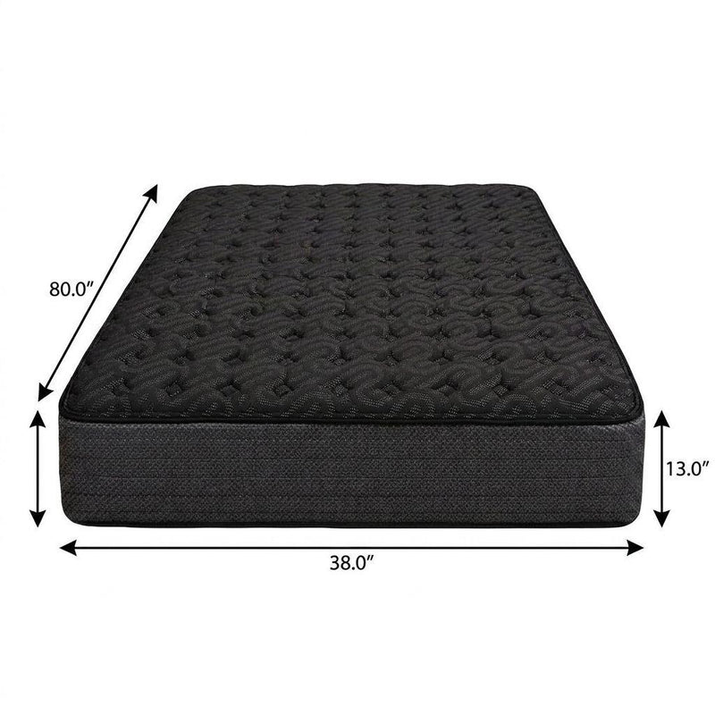 Black mattress with 38" width, 80" length, 13" height
