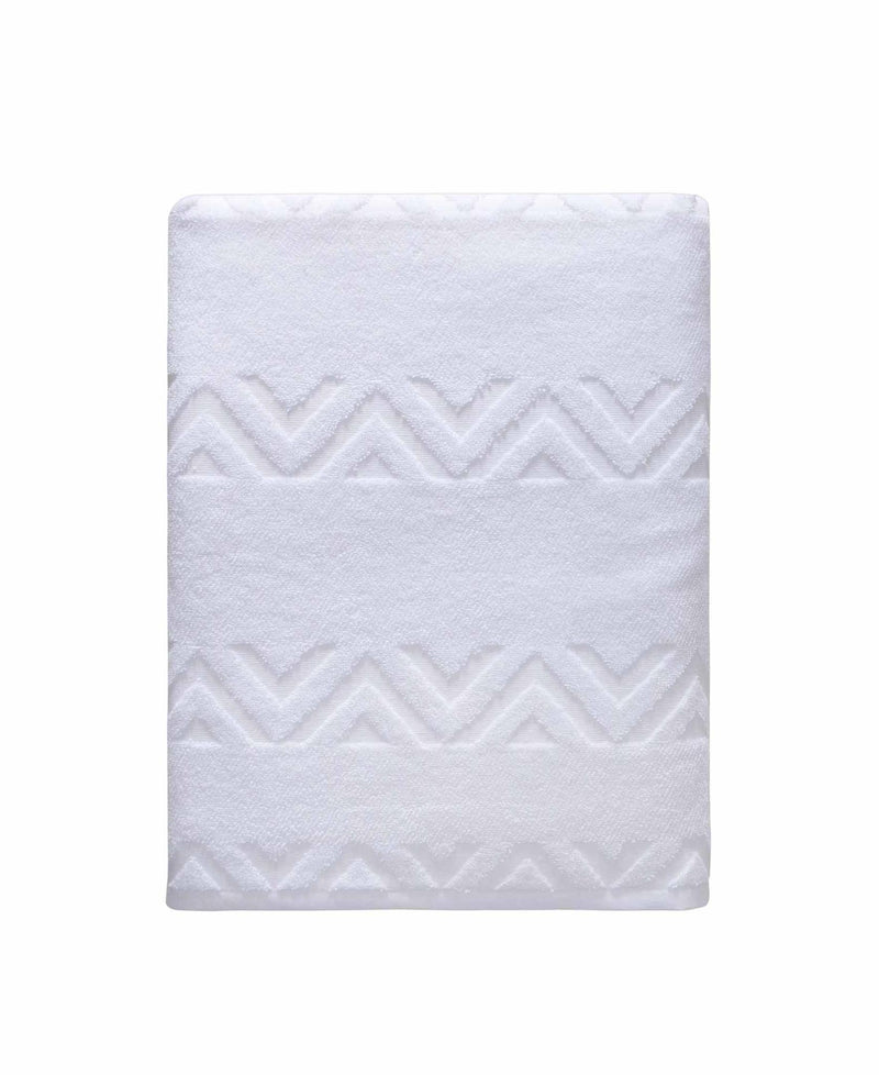 White Turkish cotton bath sheet, folded and stitched with embossed chevron jacquard