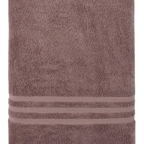 Light brown Turkish cotton bath sheet with textured terry loops and two woven bands