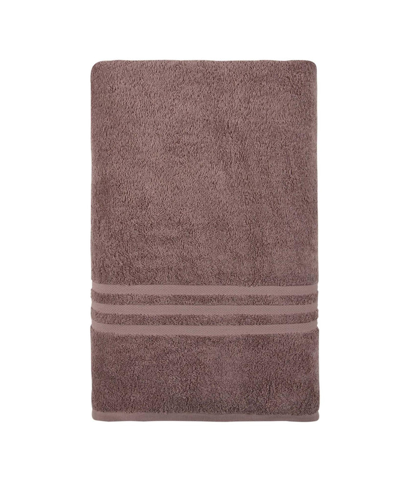 Light brown bath sheet with horizontal band accents, neatly folded rectangular