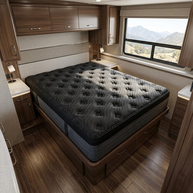 Euro top plush hybrid mattress in dark fabric inside an RV bed setup