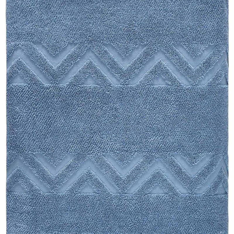 Blue bath sheet texture detail with repeating raised chevron jacquard bands