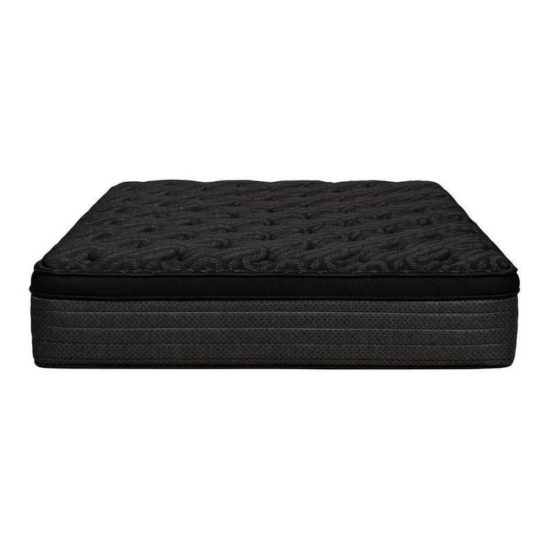 Black queen-size hybrid mattress with plush euro top, quilted fabric surface