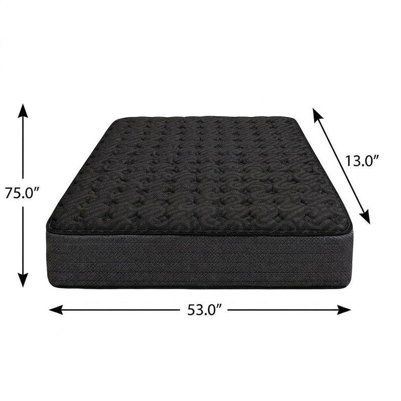 Firm dark mattress with size diagram: 13.0-inch height and 53.0-inch width