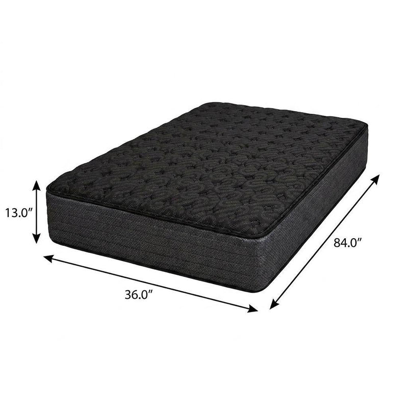 Black hybrid mattress, 13 in thick; 84 x 36 in dimensions shown