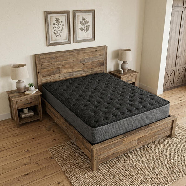 Queen hybrid mattress, dark charcoal with tufted quilted top and padded side